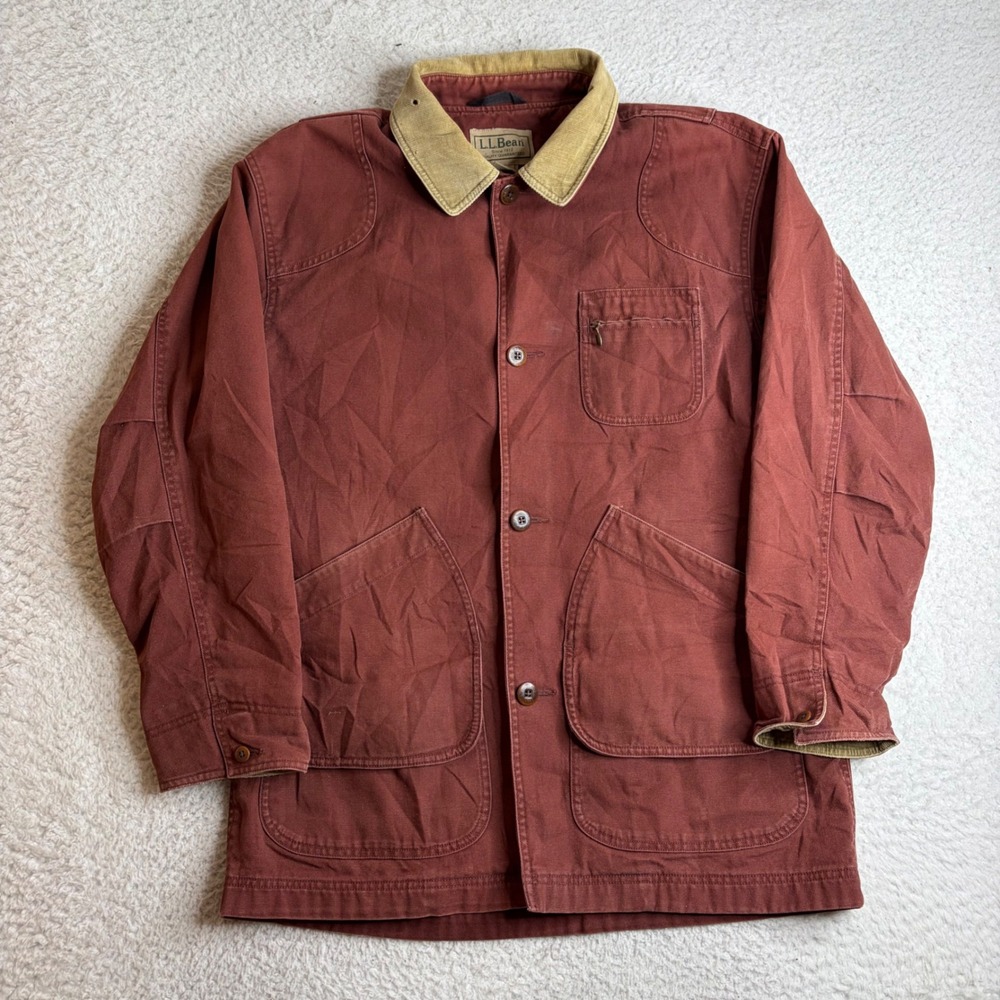 LL Bean Mens Large Field Coat Barn Jacket Brick Red Cotton Canvas Corduroy Trim